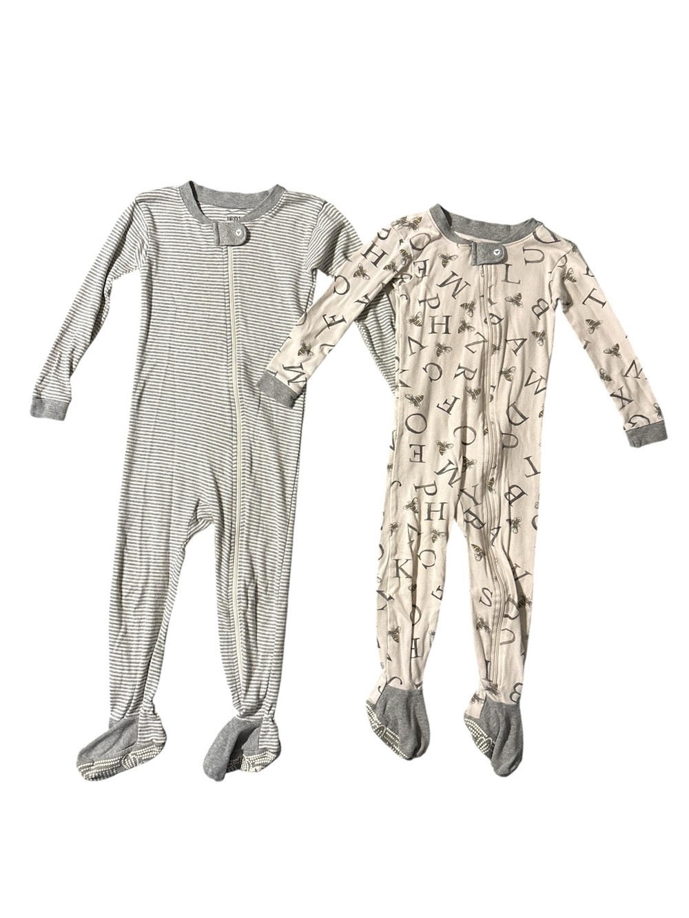Burt's Bees Neutral Gray Striped & Alphabet Footed One-Piece Set